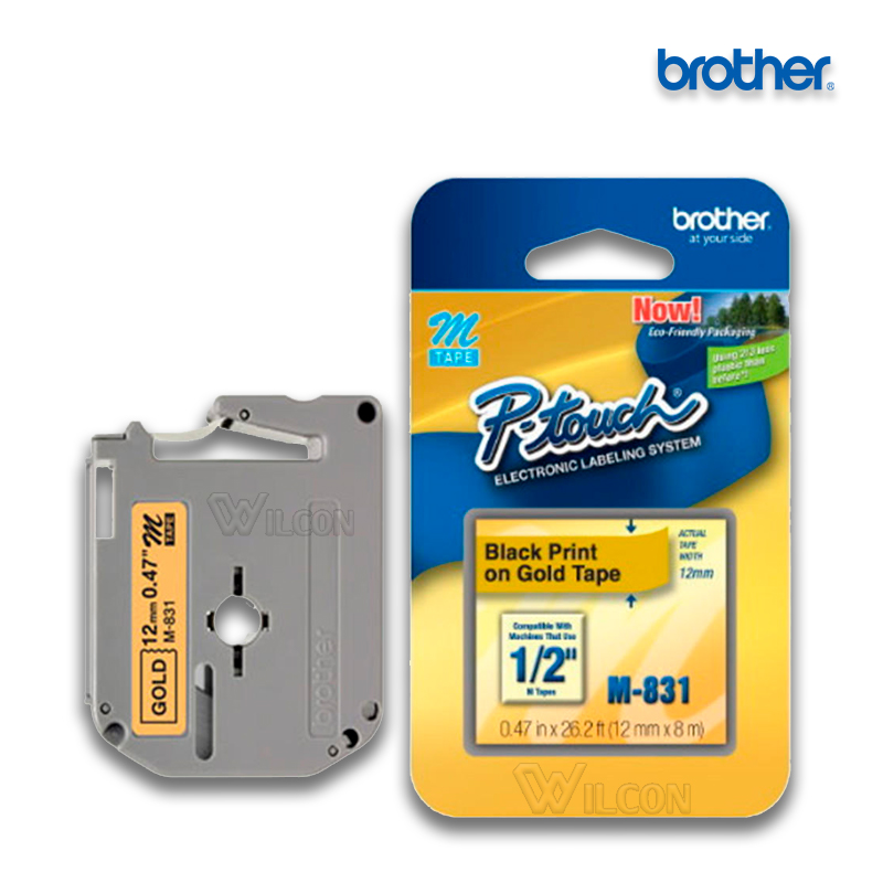 M-831.jpg Cinta Brother M-831 | Negro sobre Dorado 12mm (1/2″) x 8 mts. - Imagen 1