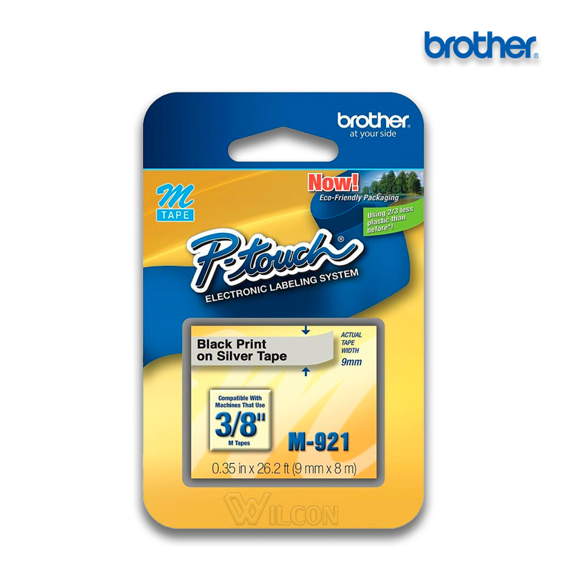M-921.jpg Cinta Brother M-921 | Negro sobre Plateado 9mm (3/8″) x 8 mts. - Imagen 1