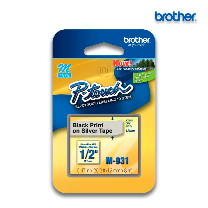 M-931-1.jpg Cinta Brother M-931 | Negro sobre Plateado 12mm (1/2″) x 8 mts. - Imagen 1